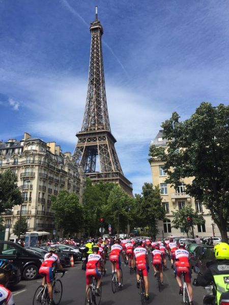 A group of cyclists on a charity ride in Paris.