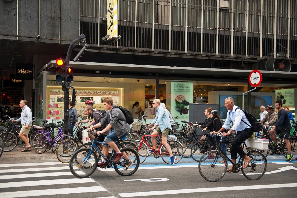 A group of cyclists in the city.