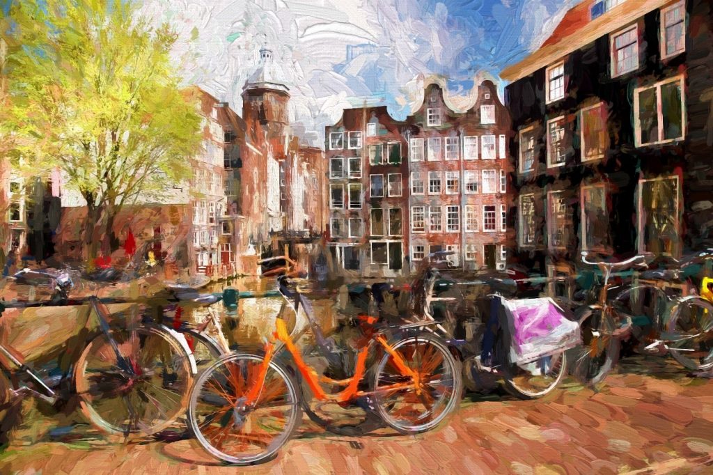 A Dutch-style painting of some bicycles.