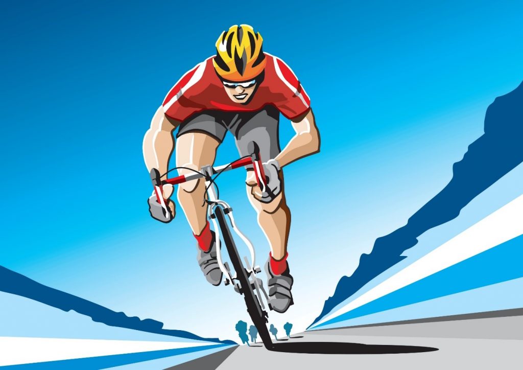 A drawing of a competitive cyclist leading the pack.
