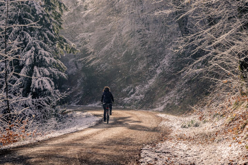 A woman cycling on an unpaved forest road on a cold winter day. The fresh snow is falling from the trees and the sun breaks through. This creates a fantastic atmosphere in the woods.