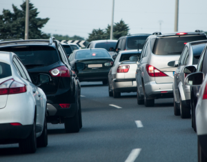Image of a queue of traffic across two lanes.